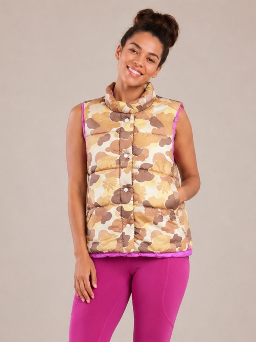 Free Assembly Floral Camouflage Quilted Puffer Vest in Brown with Pink Lining